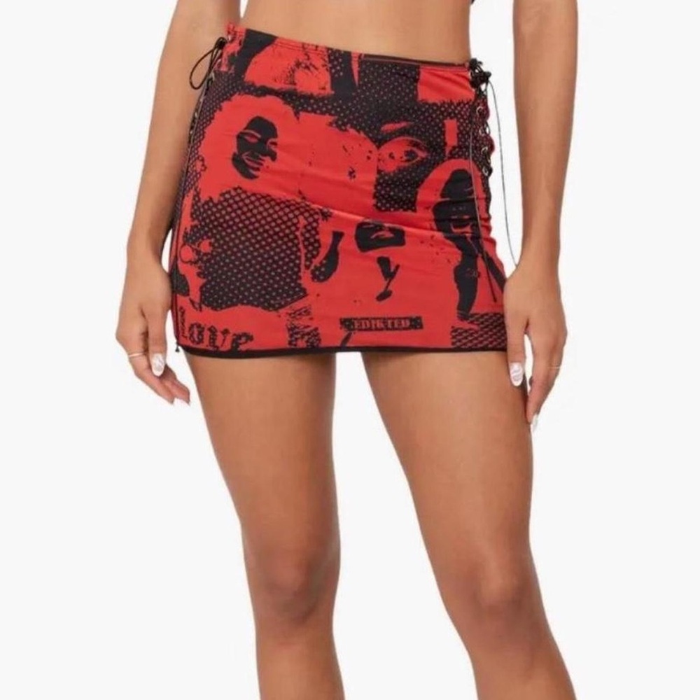 Edikted Red and Black Graphic Mini Skirt